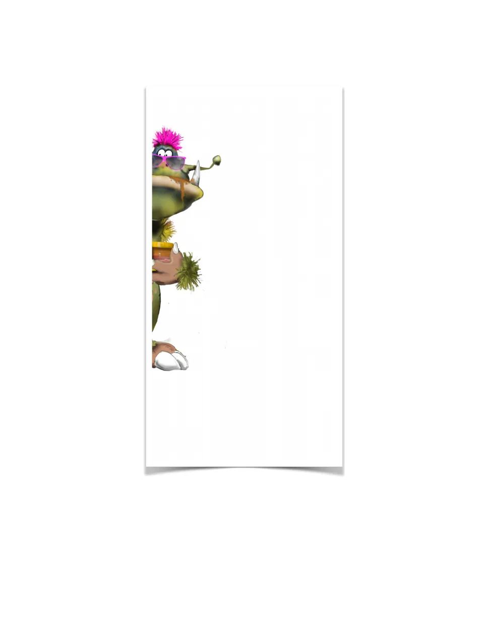 Illustration only, no text: the green monster in pink sunglasses peeks in from the page edge holding a small cup