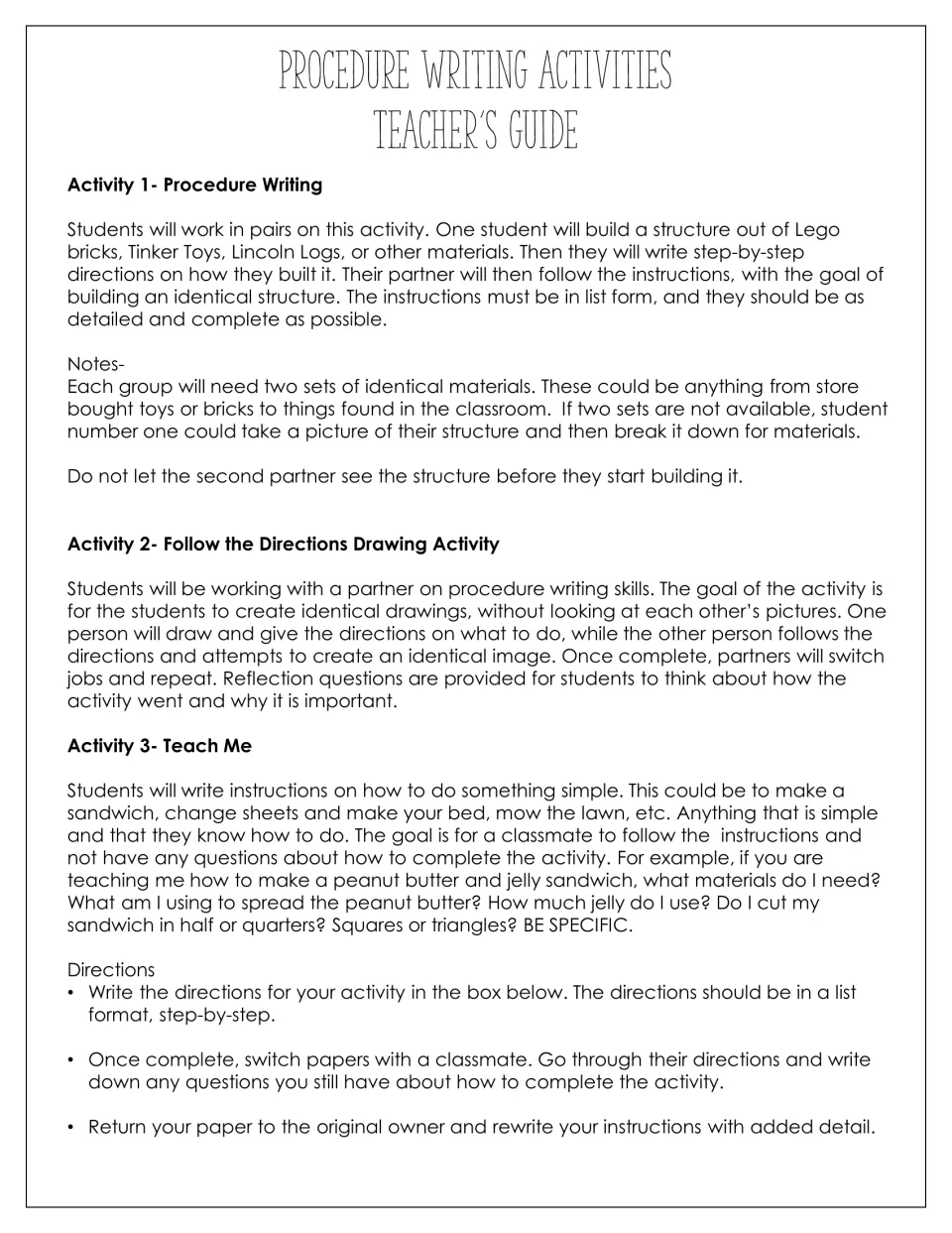 Teacher's guide for activities 1 to 3: Lego building directions, a back-to-back drawing game and Teach Me how-to writing