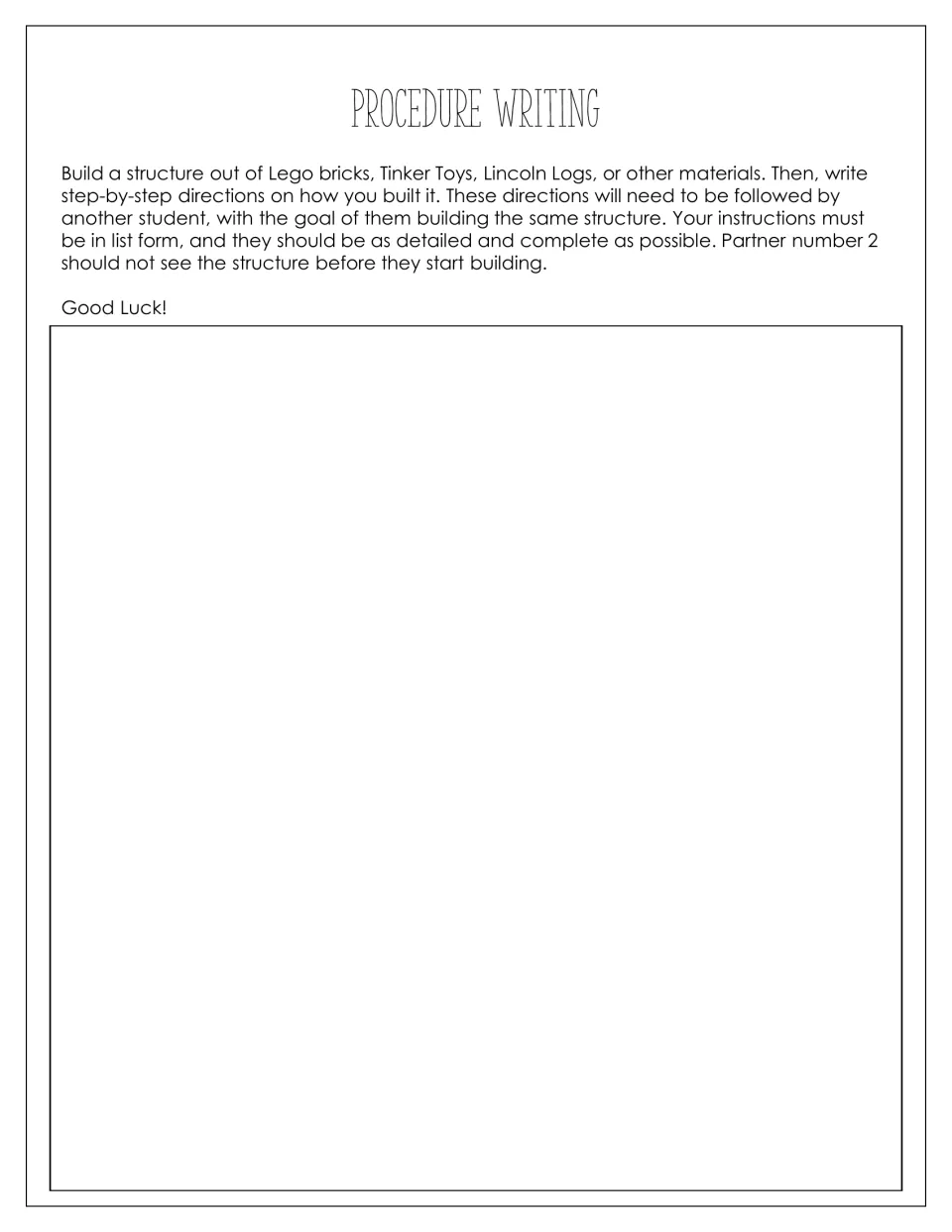 Procedure writing: students build a Lego or Tinker Toy structure, then write step-by-step directions for a partner to copy