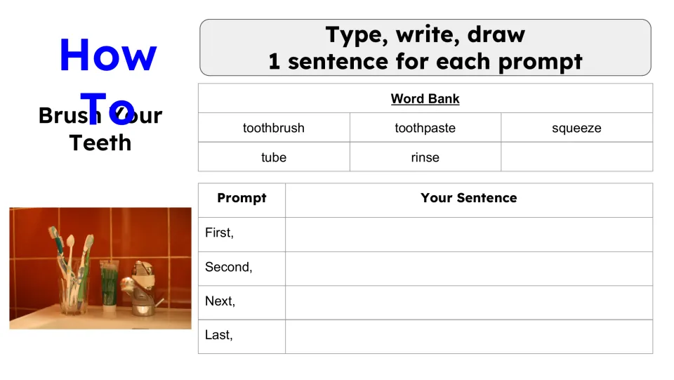 Brush Your Teeth procedure writing template with sequencing prompts and toothbrush and toothpaste vocabulary