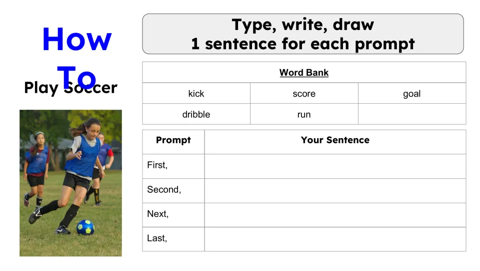 Play Soccer procedure writing template with four sequencing prompts and kick, score, goal, dribble, and run