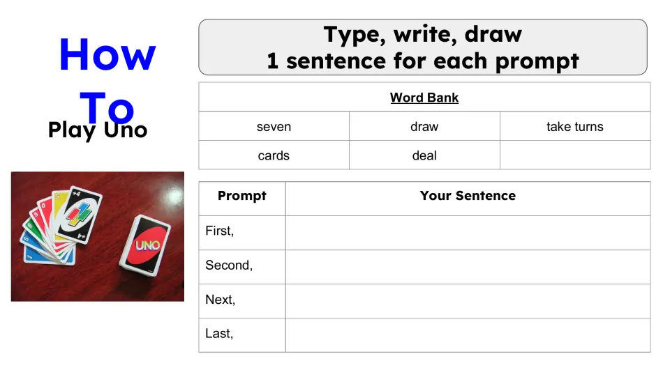 Play Uno procedure writing template with four sequencing prompts and seven, draw, take turns, cards, and deal