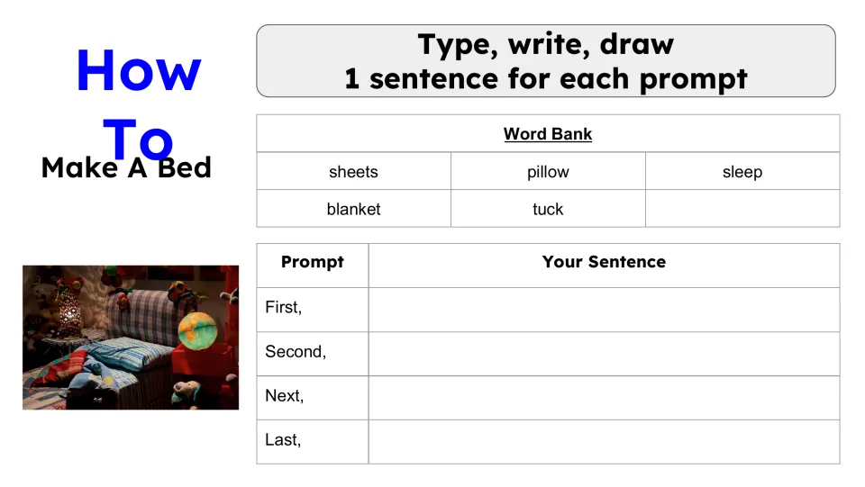 Make a Bed procedure writing template with four sequencing prompts and sheets, pillow, sleep, blanket, and tuck