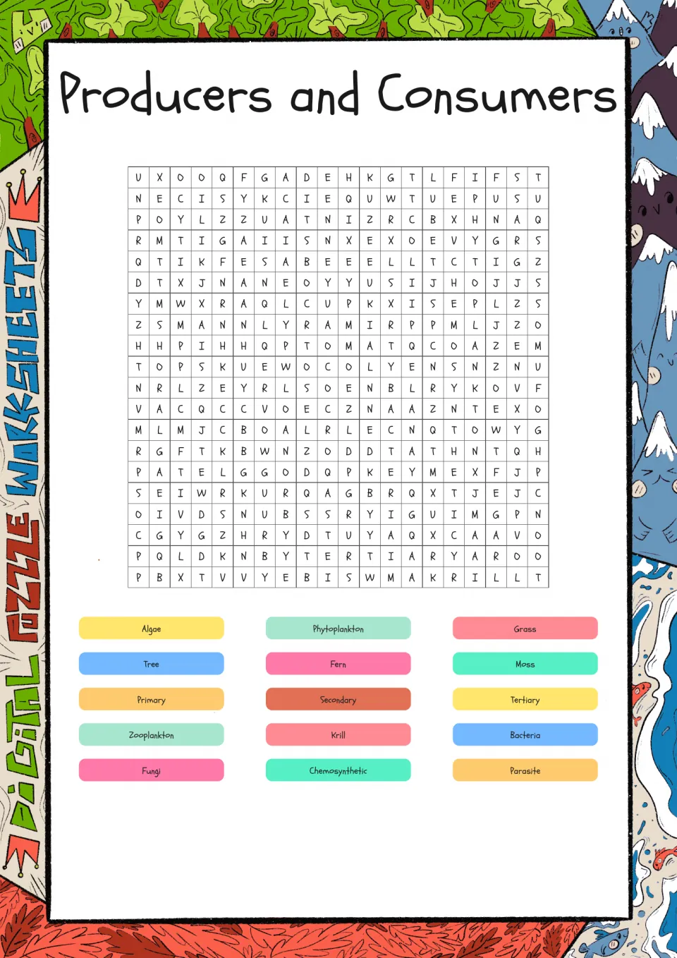 Food chain word search: students find 15 words such as algae, phytoplankton, krill, fungi and tertiary in the puzzle