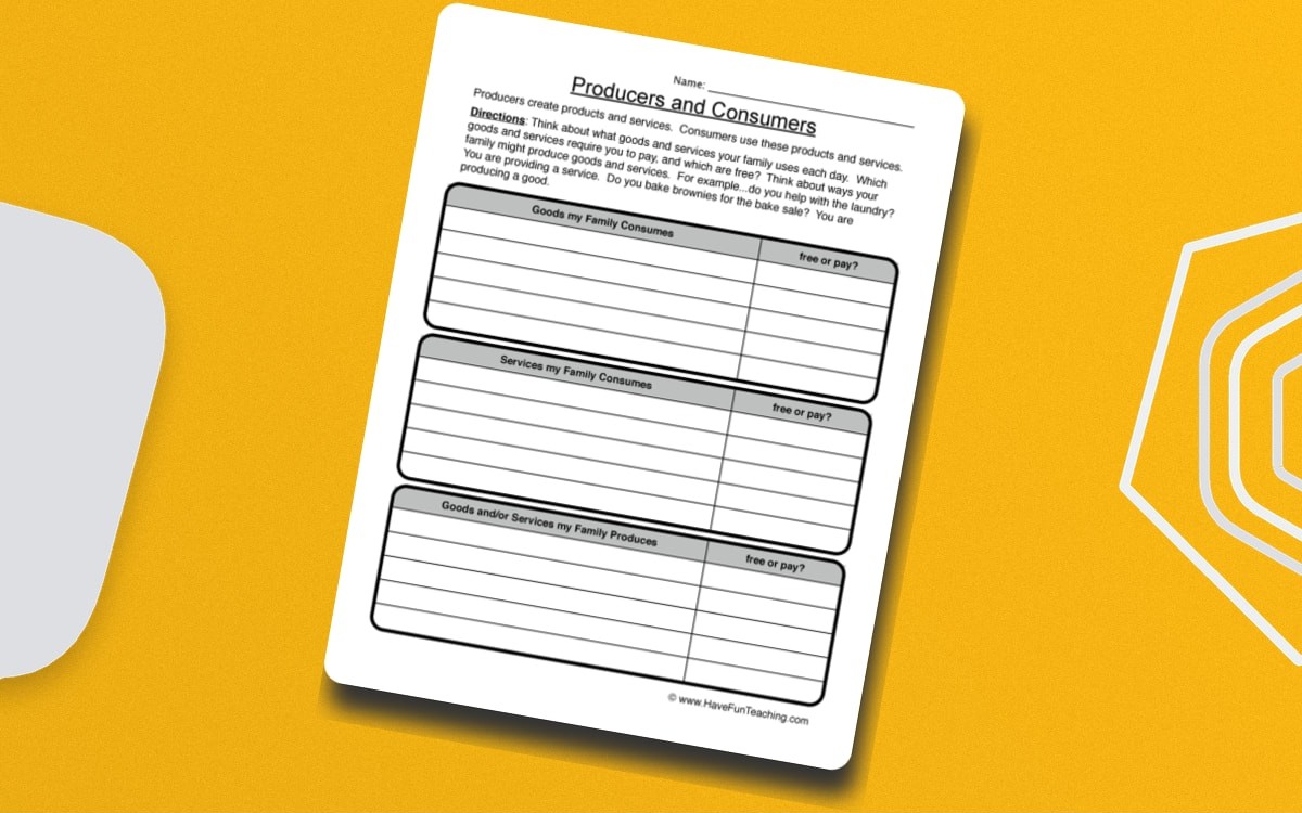 Producers and Consumers Worksheet worksheet page with the activity title and student response area.