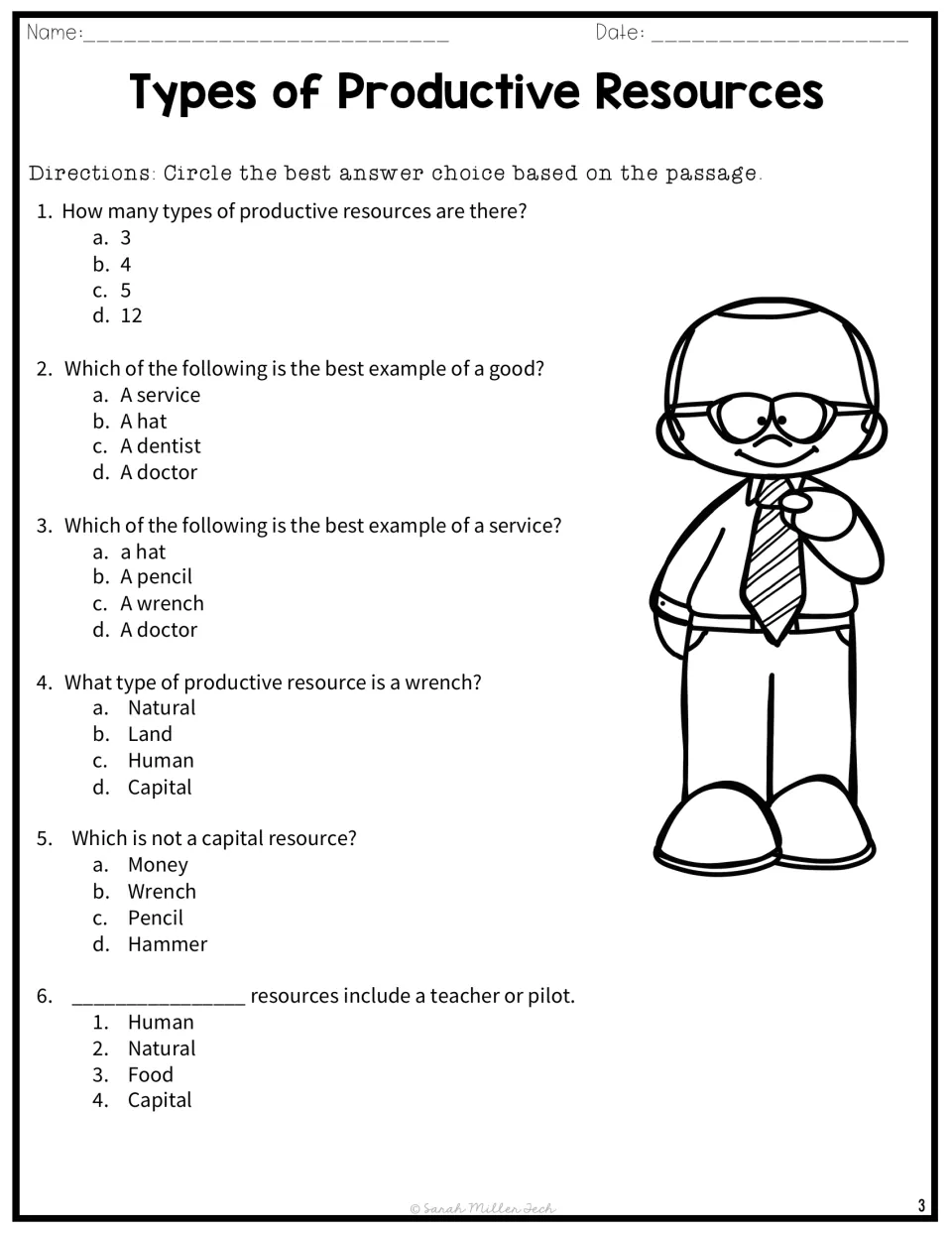 Productive resources quiz, questions 1-6: students circle answers on goods, services, capital and human resources