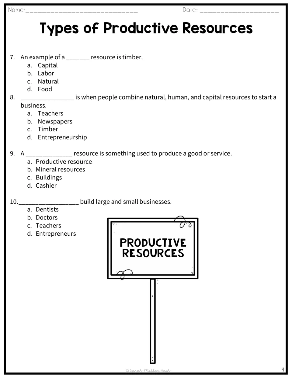 Productive resources quiz, questions 7-10: students choose the resource type for timber and define entrepreneurship