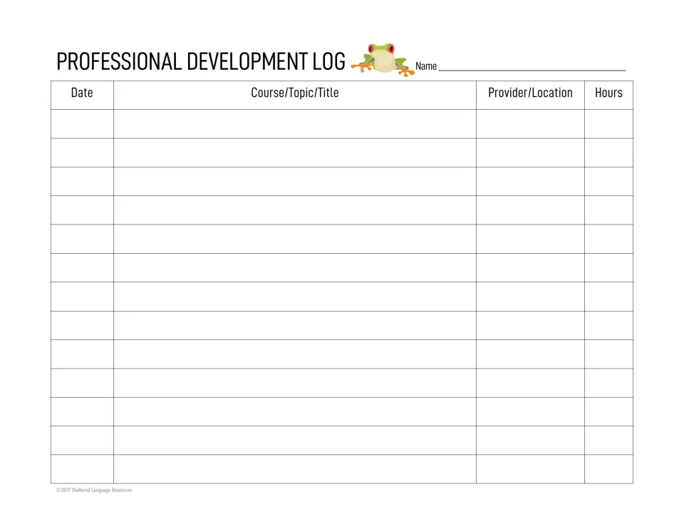Professional development log with a red-eyed tree frog: teachers record name, date, course or topic, provider and hours