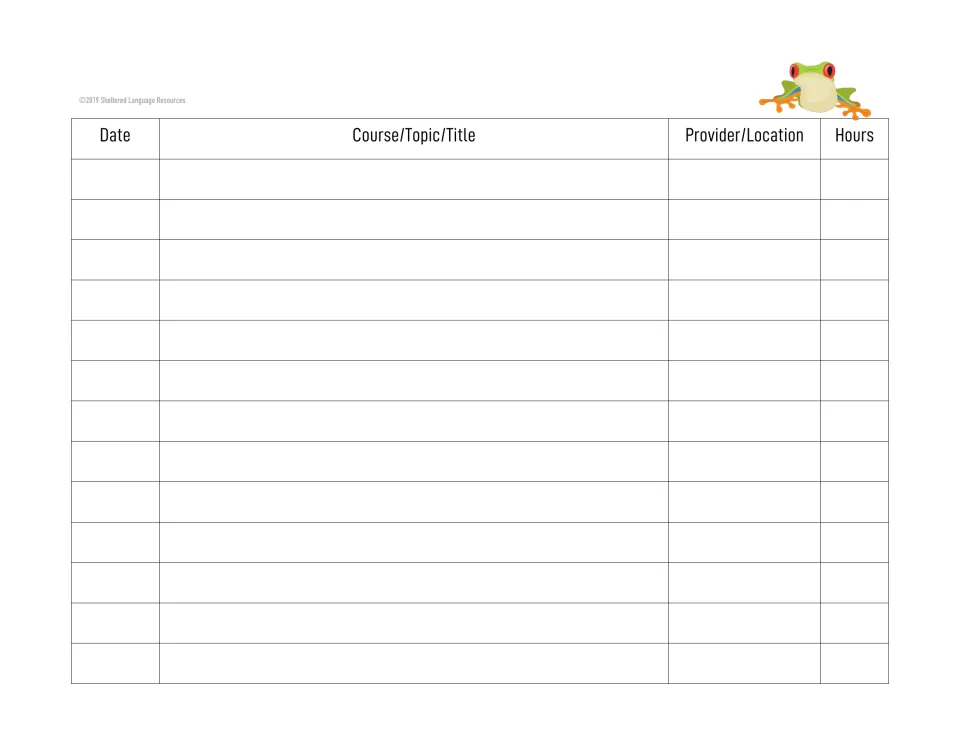 Continuation PD log sheet without a title: more entries for date, course or topic, provider or location and hours