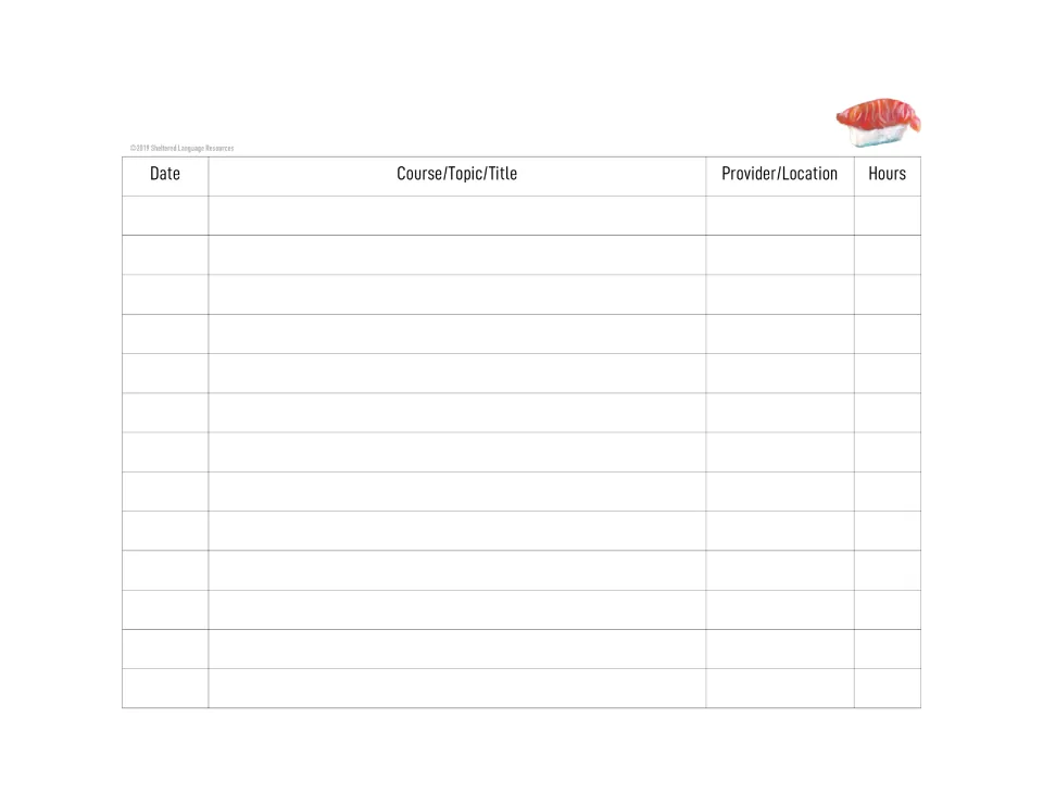 PD log continuation sheet: more rows to record each training's date, course or topic, provider or location and hours