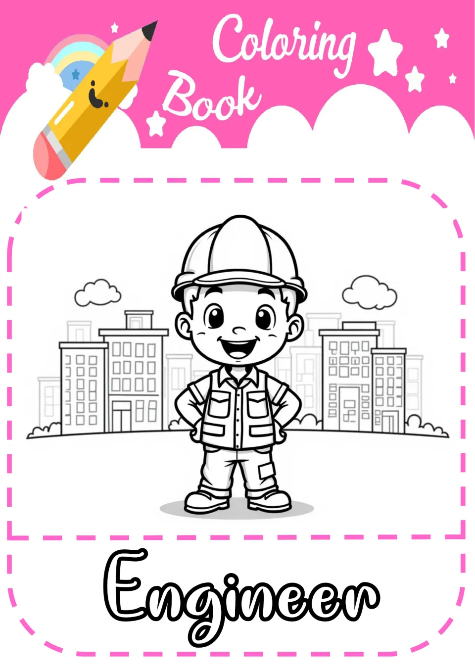 Engineer coloring page: students color a child engineer in a hard hat and vest standing before city buildings