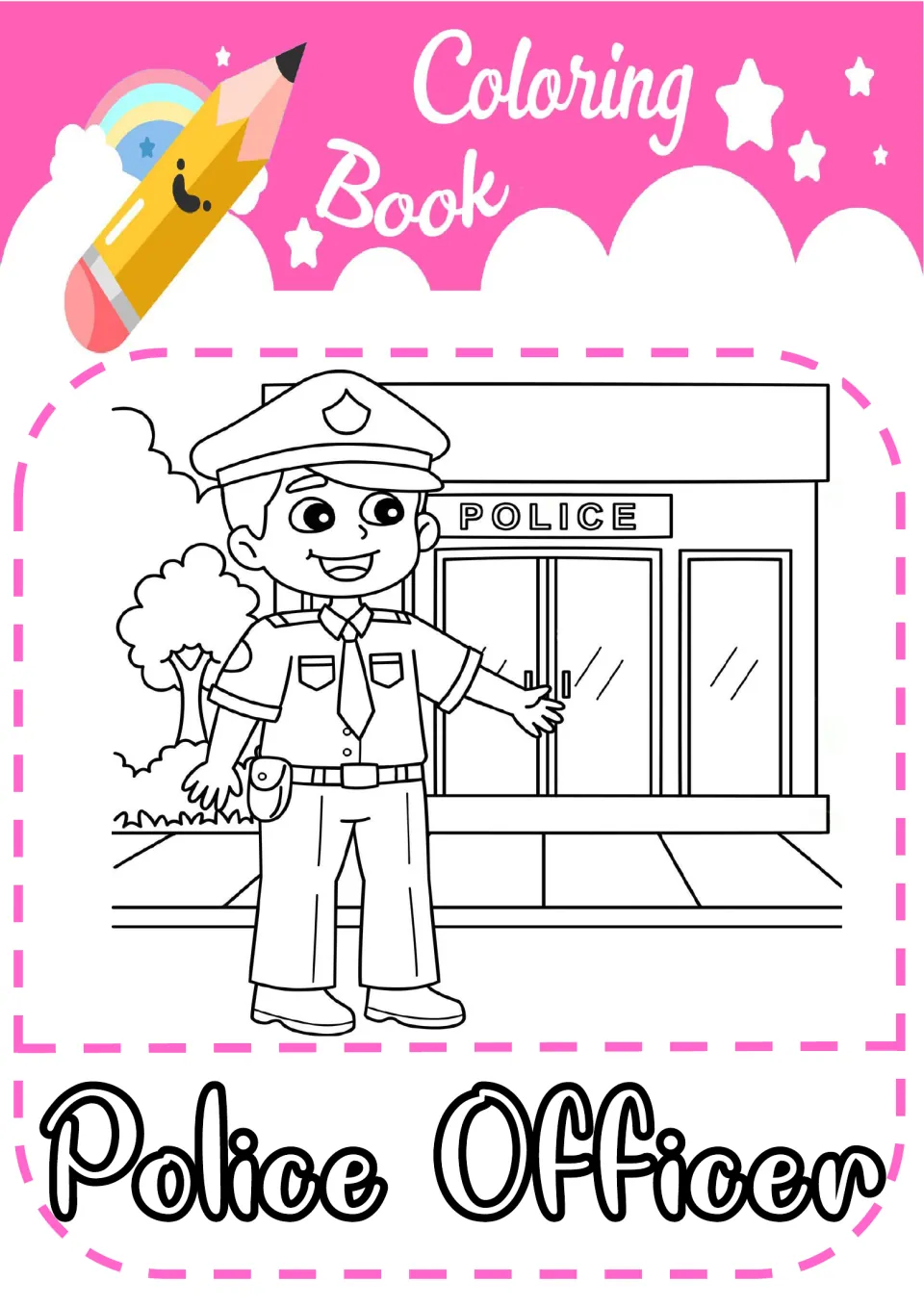 Police officer coloring page: students color a smiling officer in cap and uniform outside a building marked POLICE