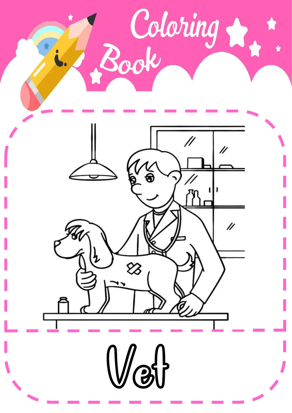 Vet coloring page: students color a veterinarian with a stethoscope caring for a bandaged dog on an exam table