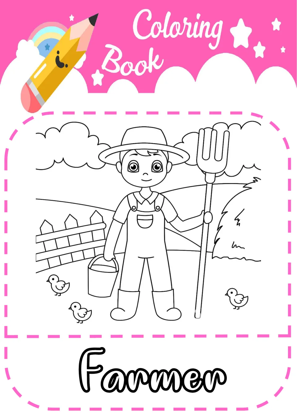 Farmer coloring page: students color a child farmer in overalls holding a pitchfork and bucket, with chicks and a fence