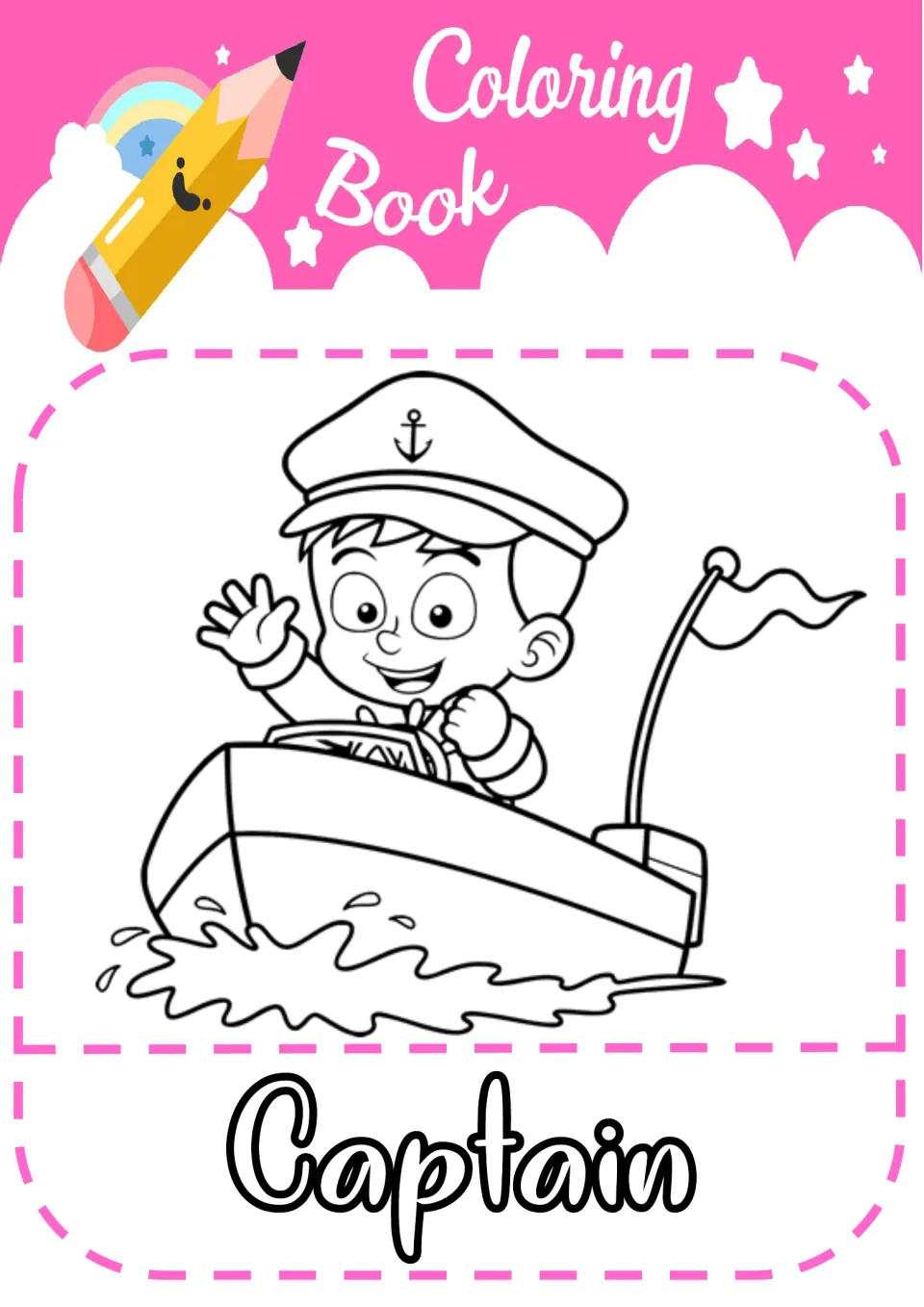 Captain coloring page: students color a waving boat captain in an anchor cap steering a small motorboat with a flag