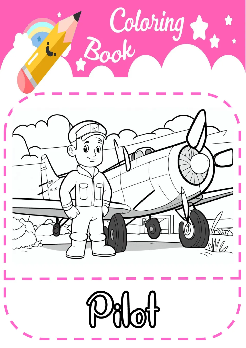 Pilot coloring page: students color a pilot in a cap and flight jacket standing beside a propeller airplane
