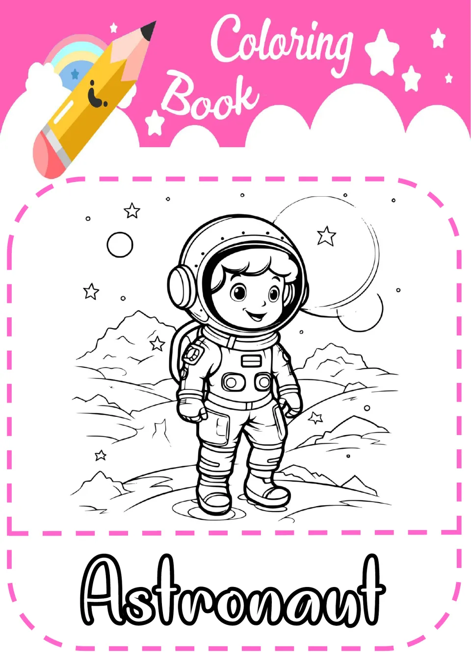 Astronaut coloring page: students color a child astronaut in a spacesuit and helmet on a rocky surface with stars
