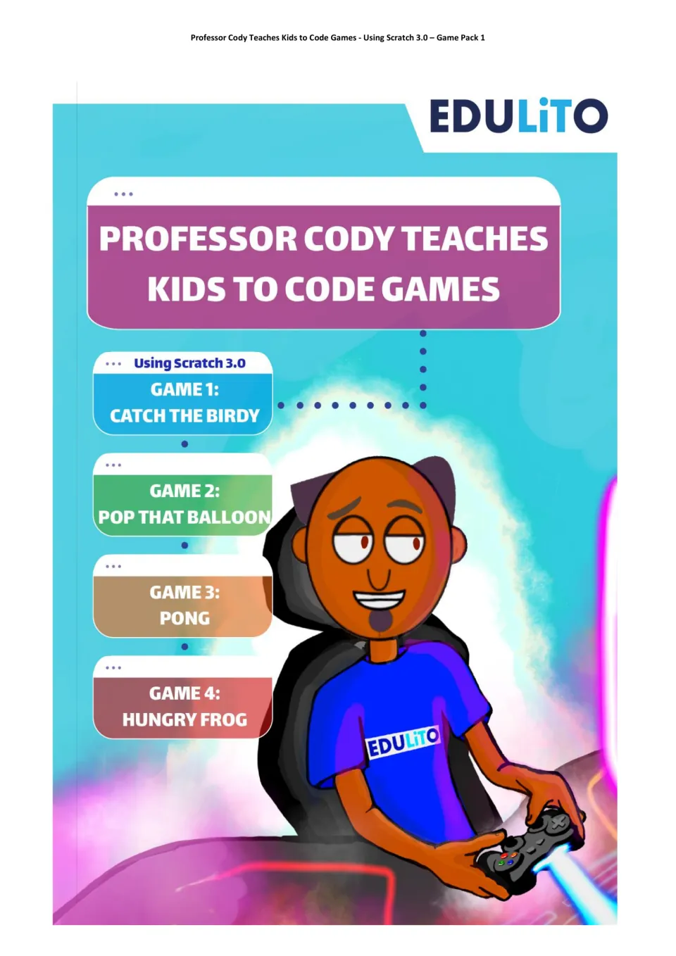 Coding game pack cover listing four Scratch games: Catch the Birdy, Pop That Balloon, Pong, and Hungry Frog