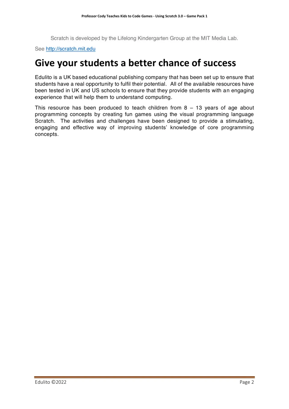Coding packet introduction explaining its use of Scratch games to teach programming to children ages 8–13