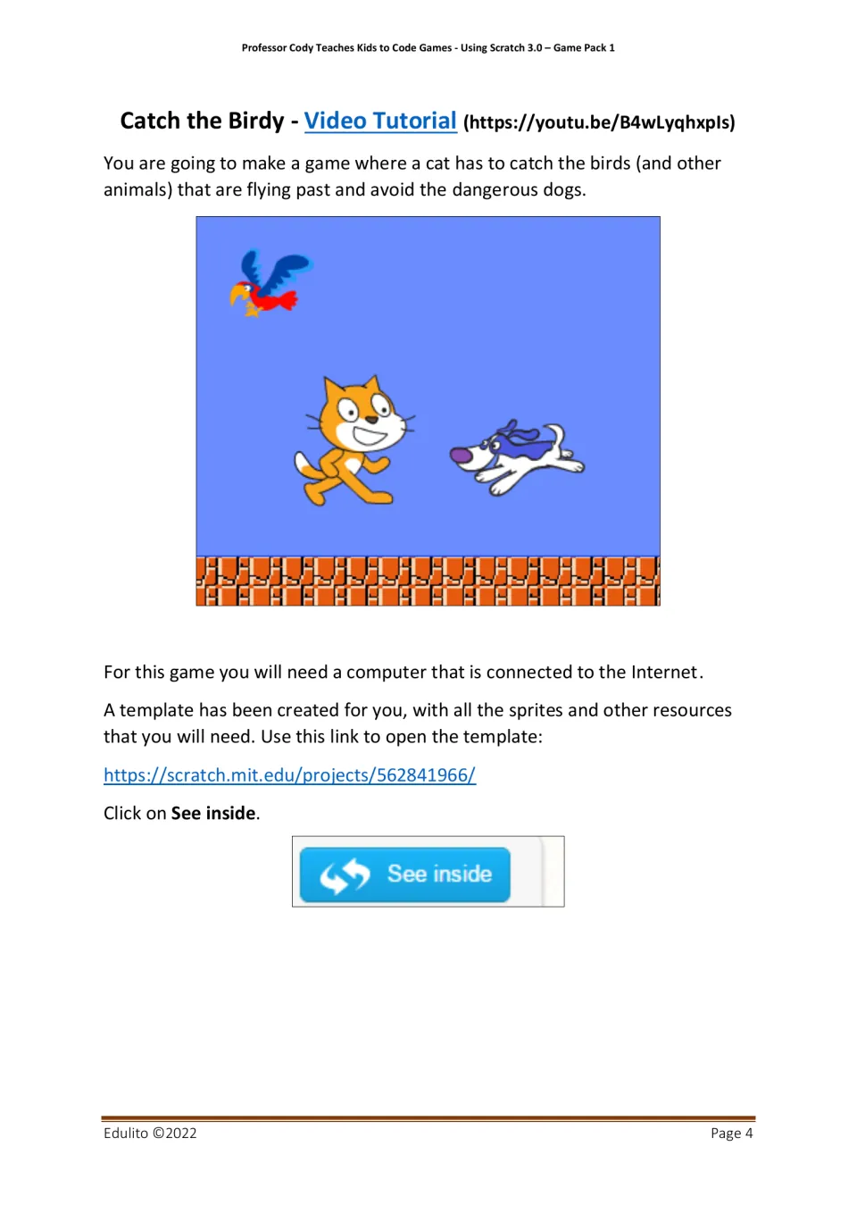 Catch the Birdy lesson opening: catch birds and avoid dogs, with a video tutorial and Scratch template link