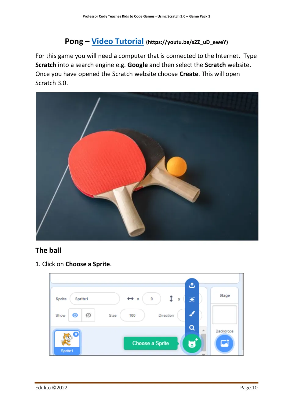 Pong lesson opening provides a video tutorial, directions to create a Scratch project, and ball sprite setup