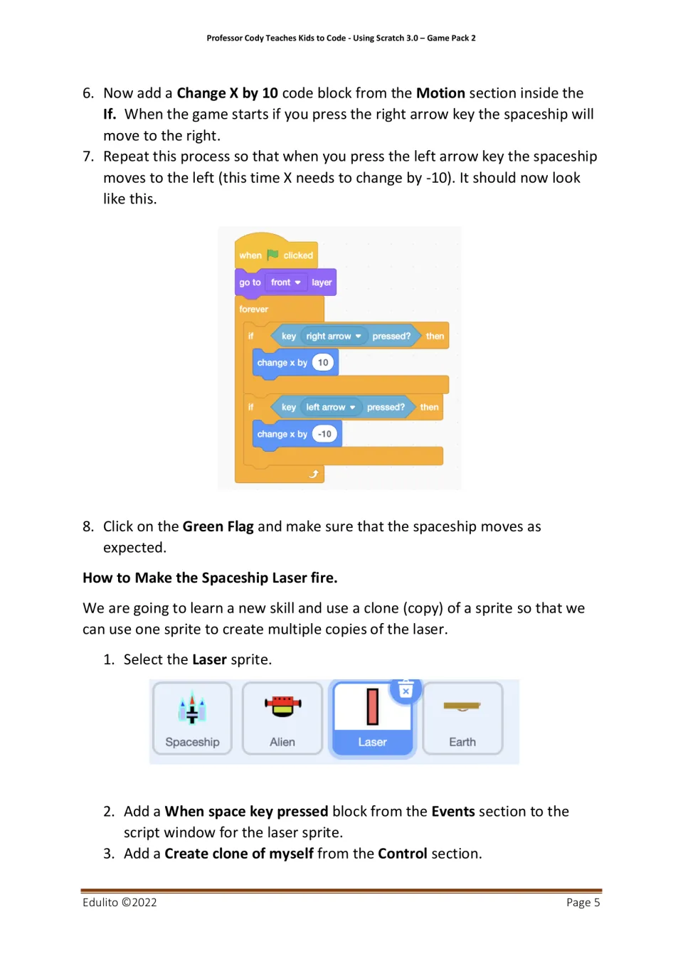 Spaceship controls: students add Change X by 10 and -10 for arrow keys, then start a clone script for the laser