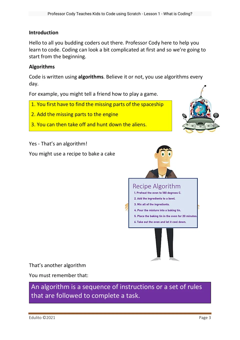 Algorithm introduction uses spaceship game instructions and a cake recipe to explain steps for a task.