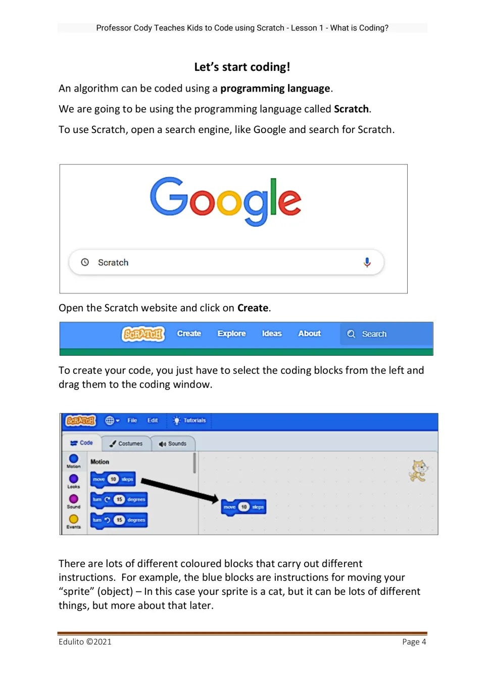 Scratch setup instructions explain opening Create and dragging coding blocks to program a cat sprite.