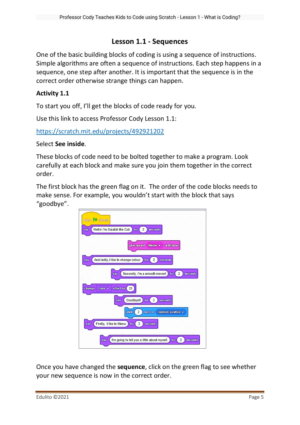 Sequence activity asks students to put Scratch cat code blocks in order and test them with the green flag.