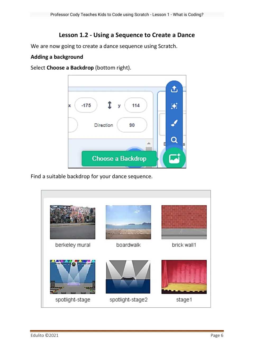 Dance programming lesson begins by choosing a Scratch backdrop, with stage and outdoor scene examples.