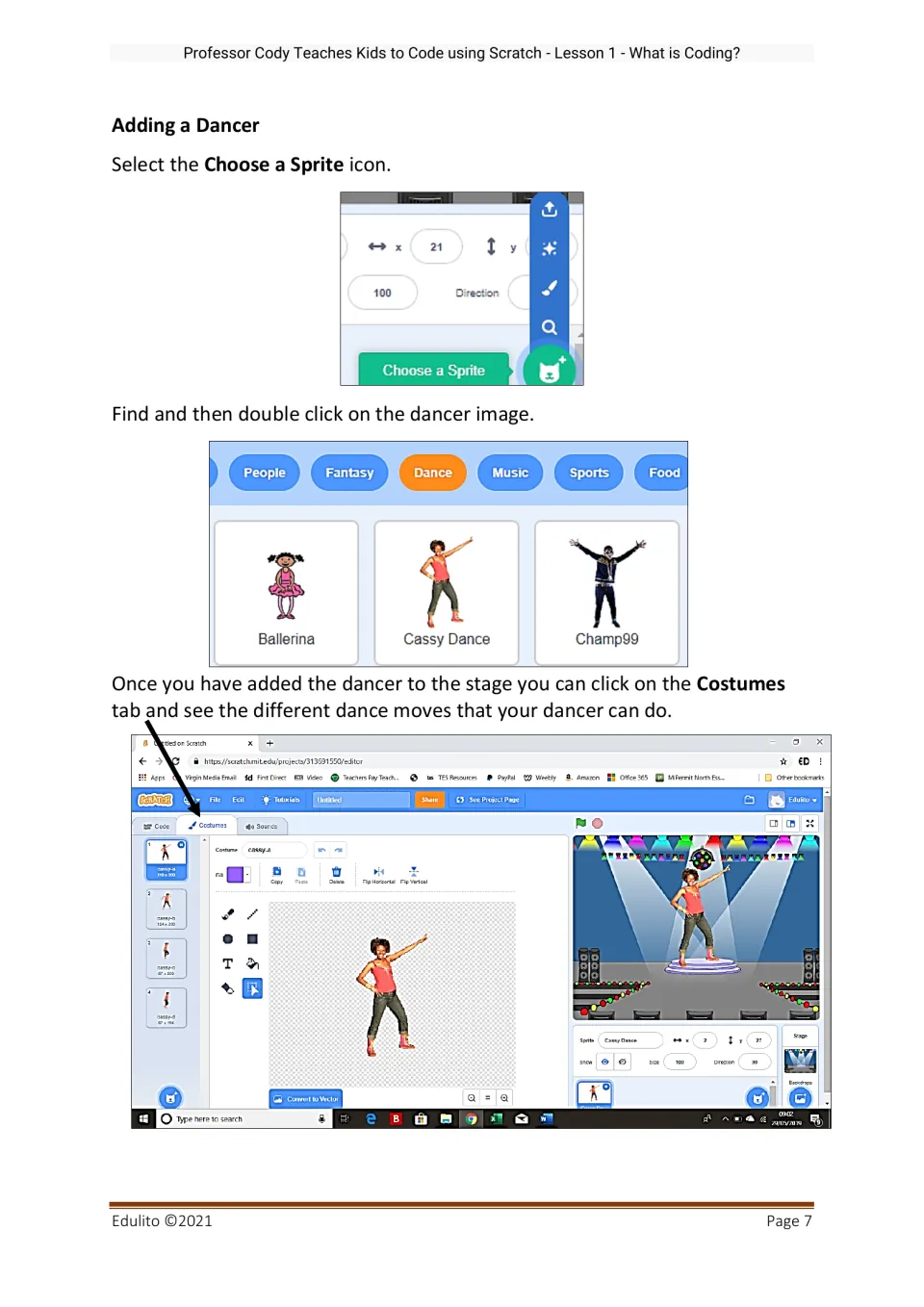 Dance program instructions show how to add a dancer sprite and open Costumes to explore its dance moves.