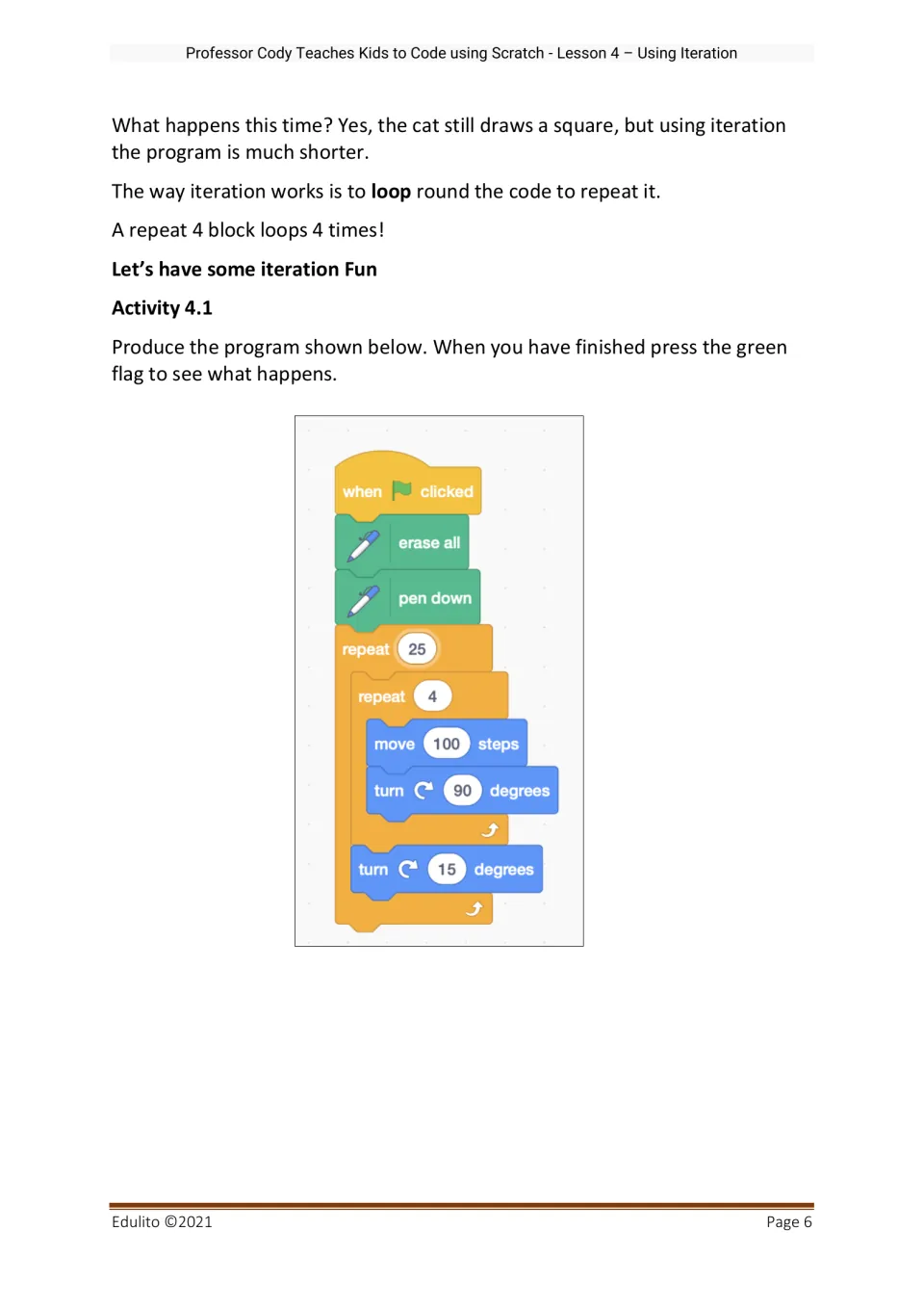 Activity 4.1 nested loops: students build a program with repeat 25 around a repeat 4 square and a turn 15 degrees block