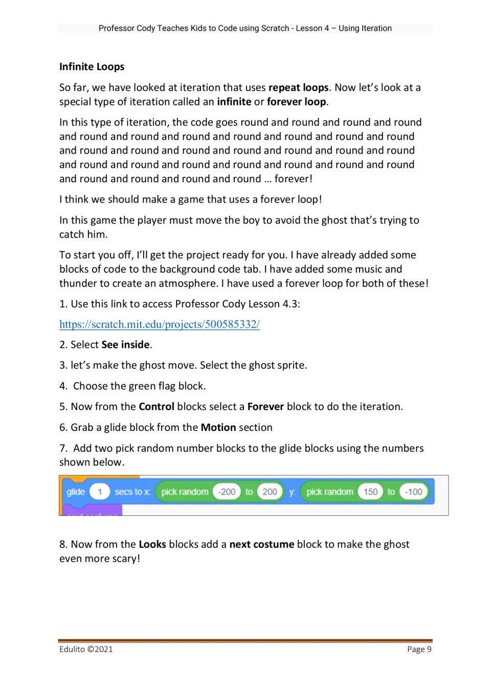 Infinite loops: forever loop explained, then steps to open a ghost chase game and code the ghost to glide to random spots