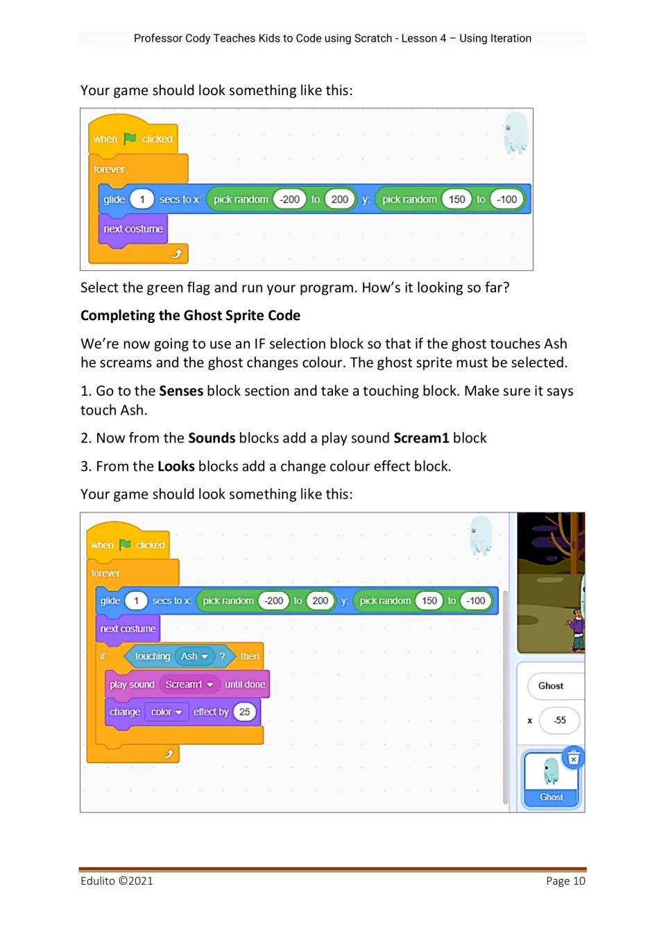 Completing the ghost code: students add an if touching Ash block to play Scream1 and change color inside the forever loop