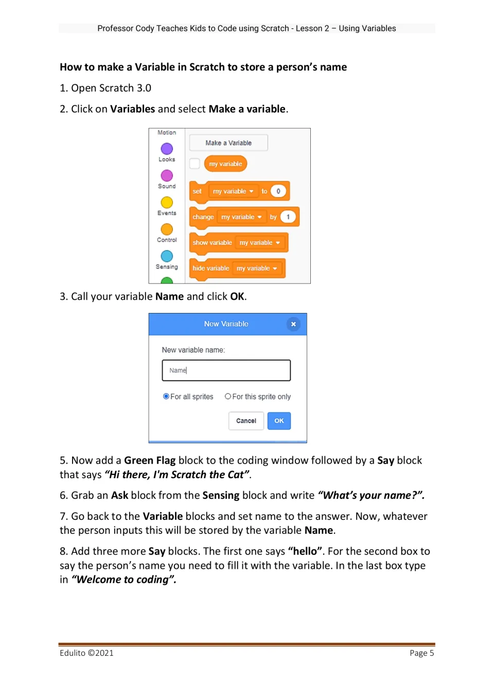 Numbered steps for making a Name variable in Scratch, with Make a Variable and New Variable screenshots