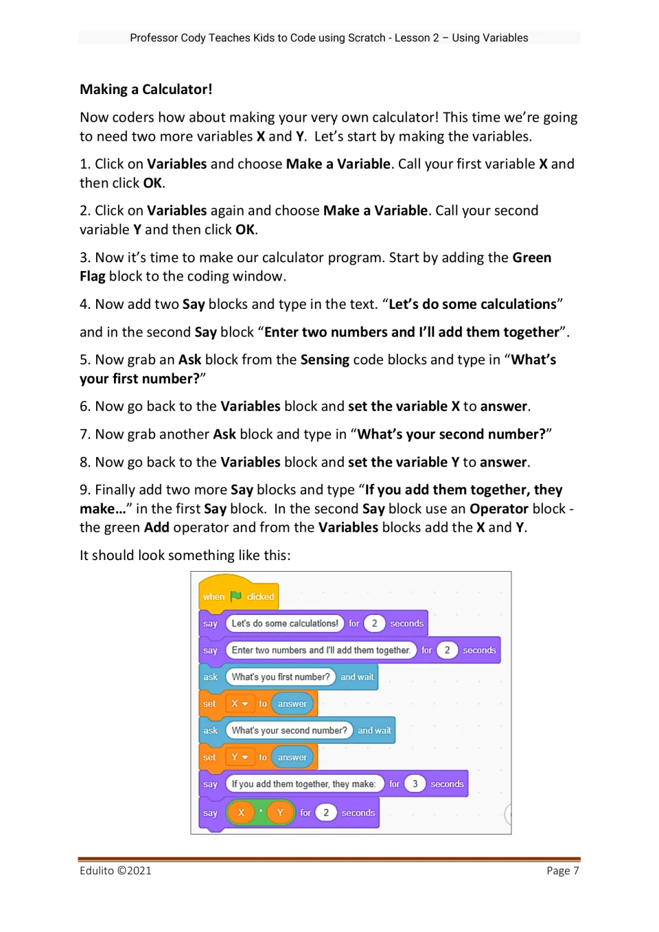 Making a Calculator: steps to create variables X and Y and add two numbers, with the finished Scratch code