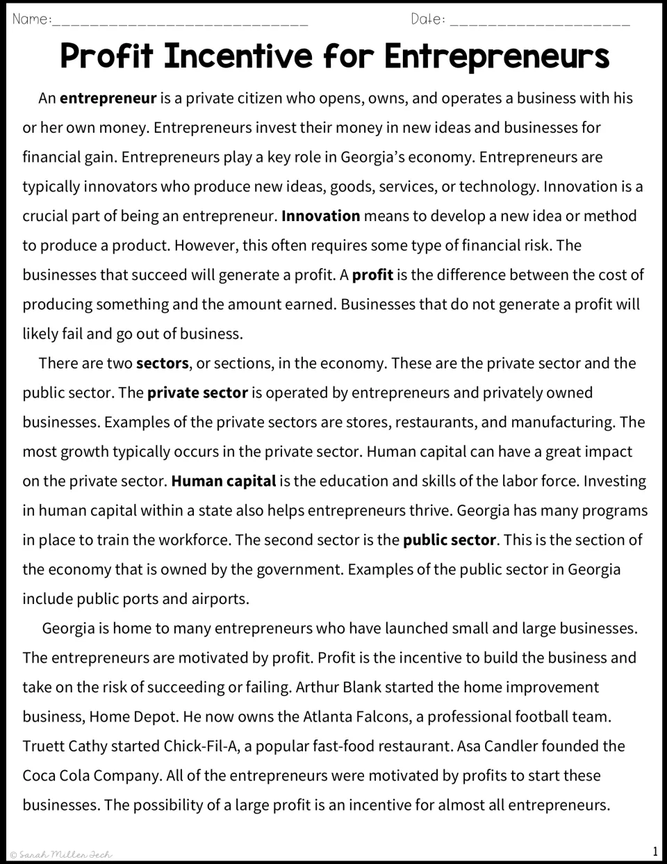 Reading passage: students read about Georgia entrepreneurs, profit, innovation, and the private and public sectors