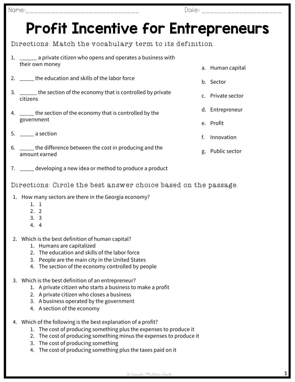 Economics vocabulary: students match 7 terms like profit and sector to definitions, then answer 4 multiple choice items