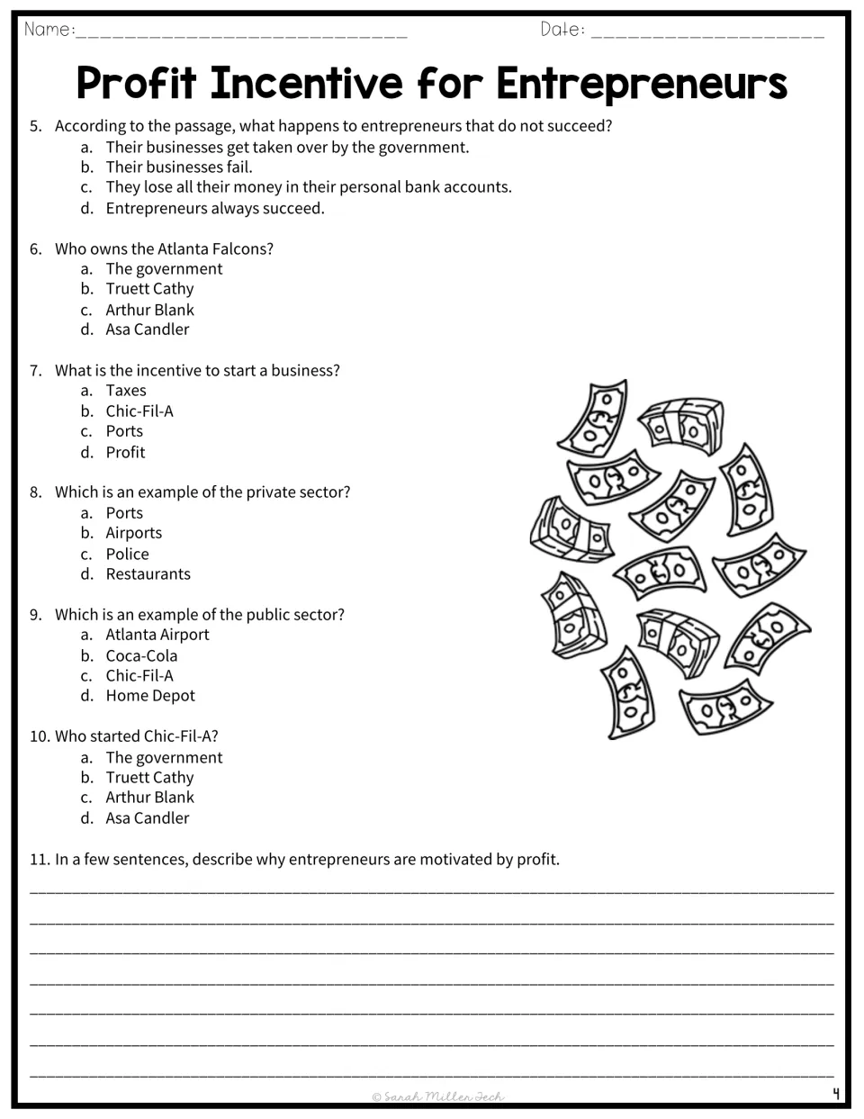 Comprehension questions 5-10 on sectors and Georgia business founders, plus a short written response on profit motive