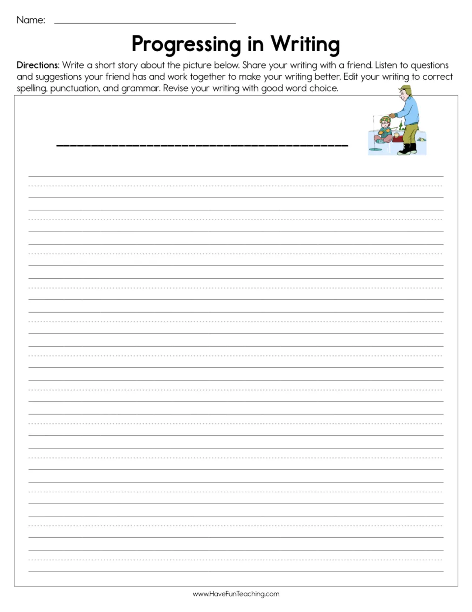 Story writing: students write about a picture of an adult and child ice fishing, then share, edit and revise it