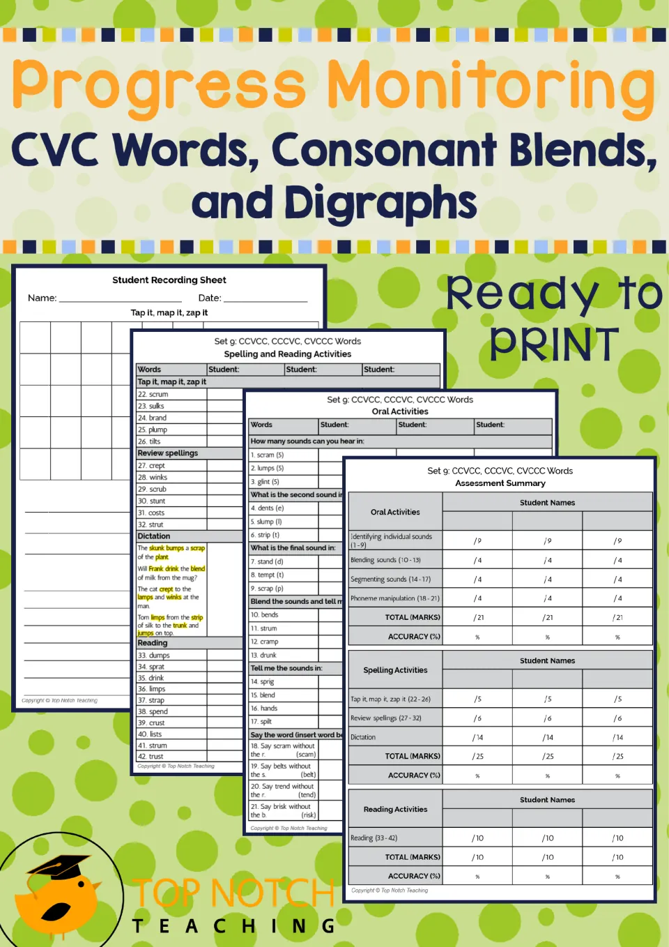 Cover for Progress Monitoring CVC Words, Consonant Blends and Digraphs showing Set 9 oral, spelling and summary sheets