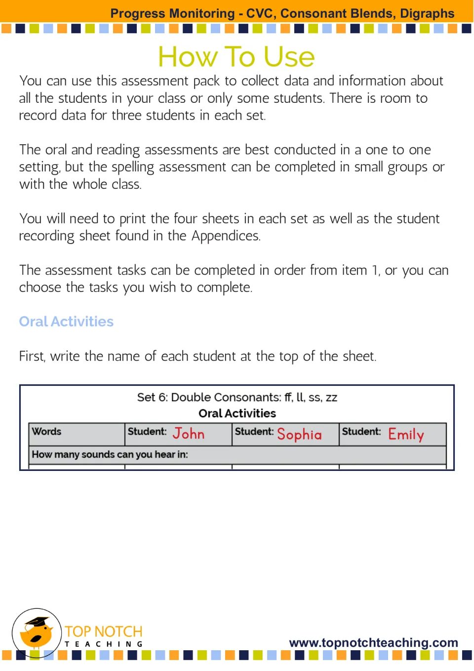 How To Use: one-to-one oral and reading tasks, group spelling, and a Set 6 sample sheet with names John, Sophia and Emily