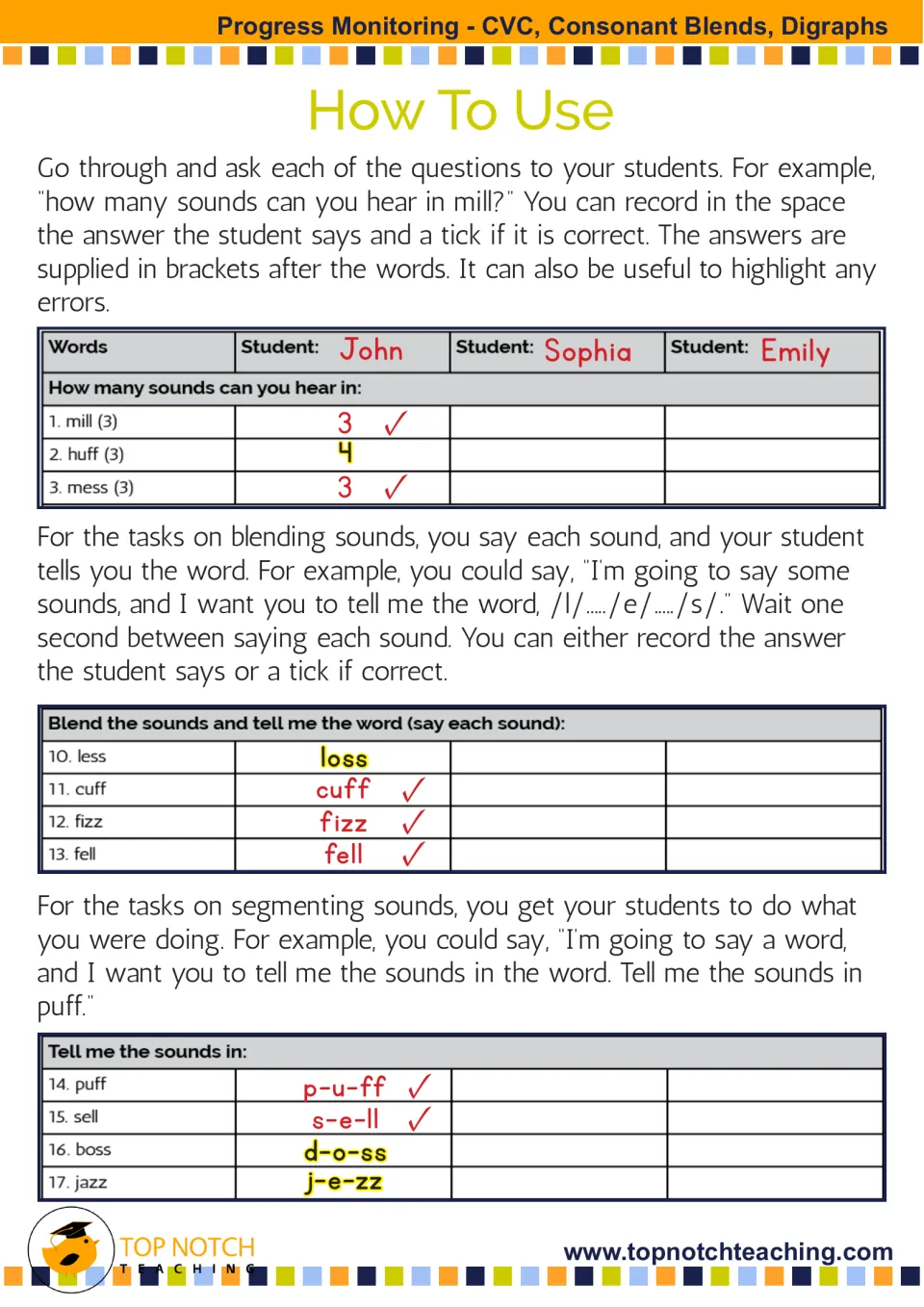 How To Use: sample scoring for counting sounds, blending sounds and segmenting words like mill, cuff and puff with ticks