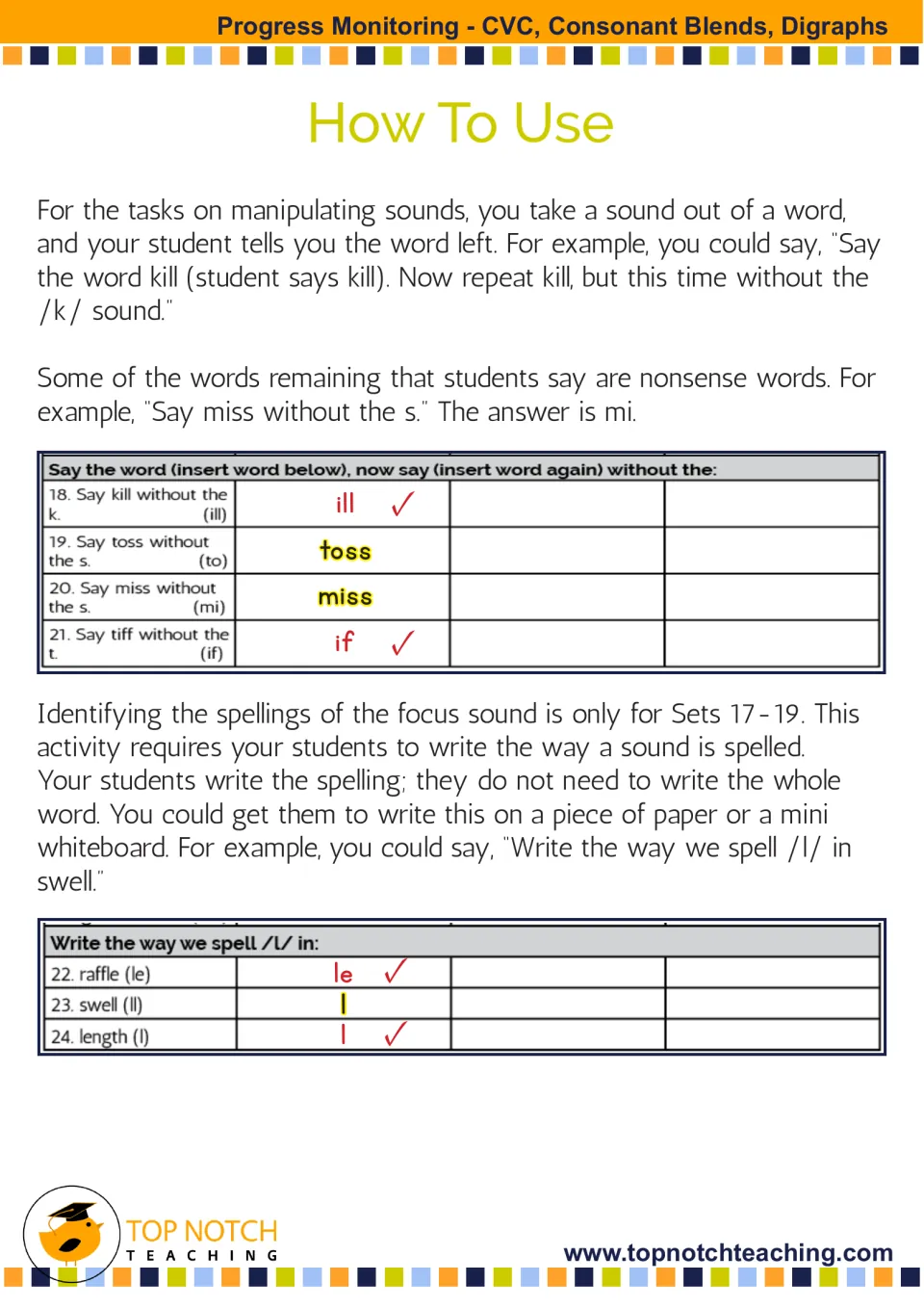 How To Use: phoneme manipulation such as kill without /k/, plus writing the spelling of /l/ in raffle, swell and length