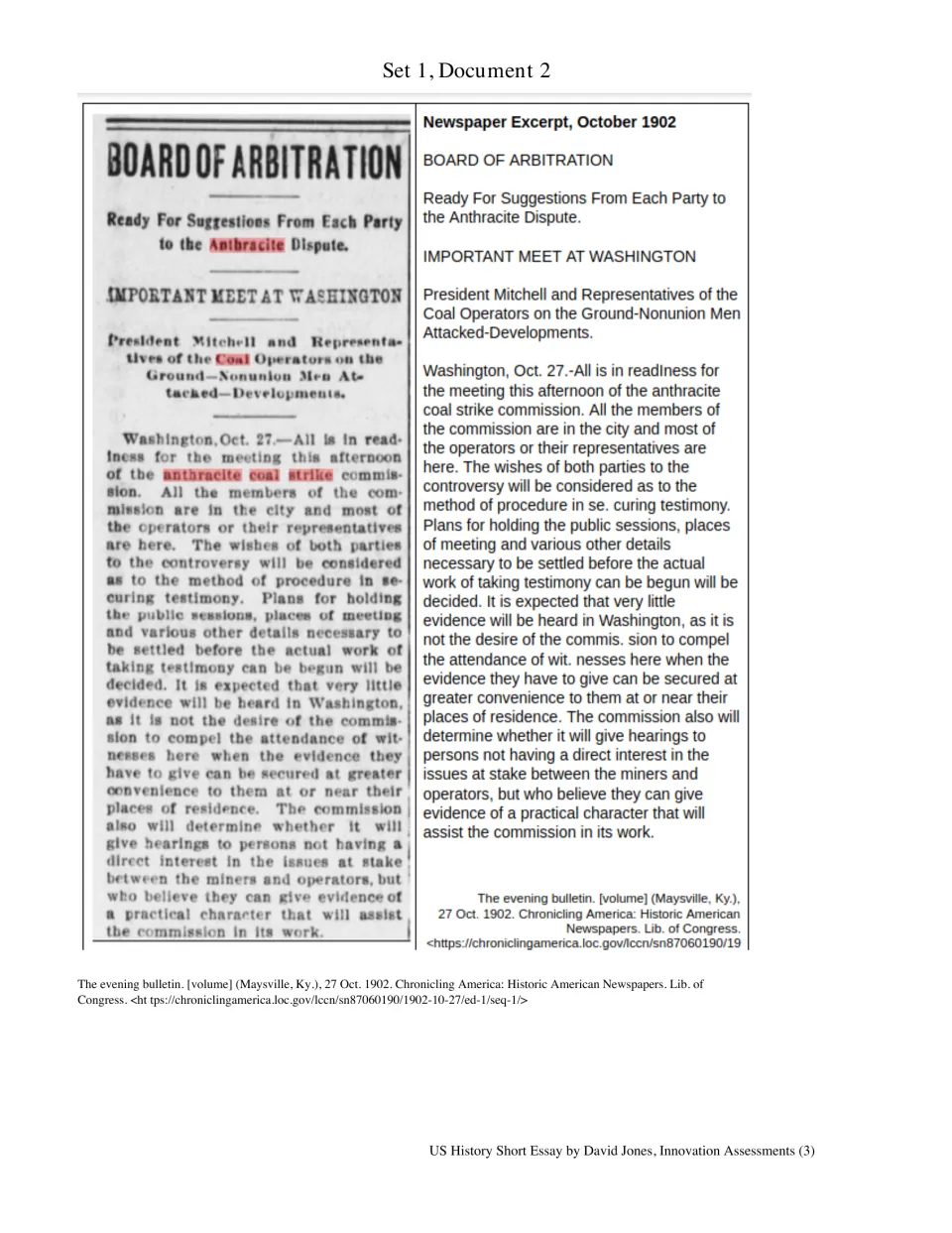Set 1, Document 2: October 1902 newspaper article on the anthracite coal strike Board of Arbitration meeting in Washington