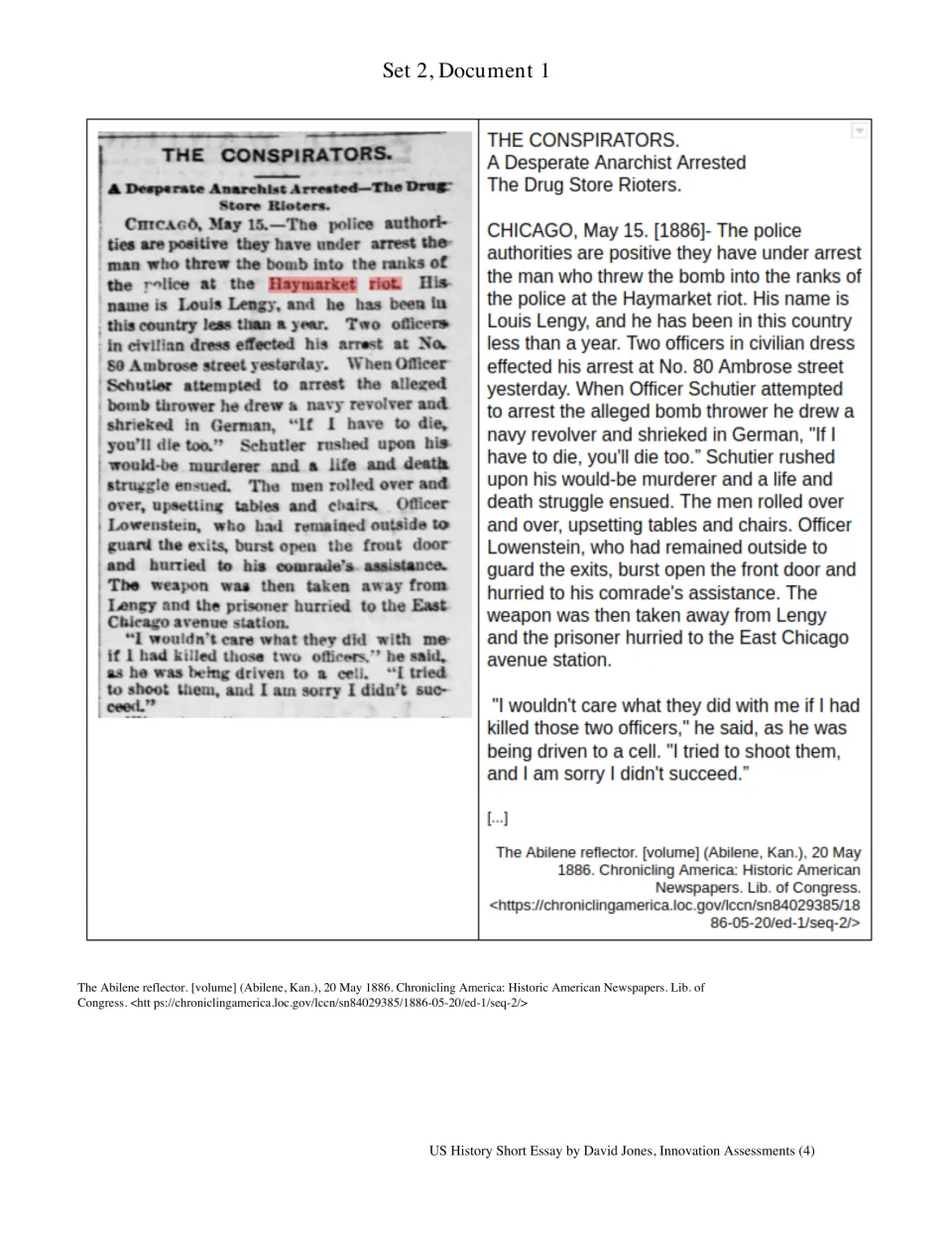 Set 2, Document 1: 1886 Abilene Reflector report on the arrest of the alleged Haymarket riot bomb thrower in Chicago