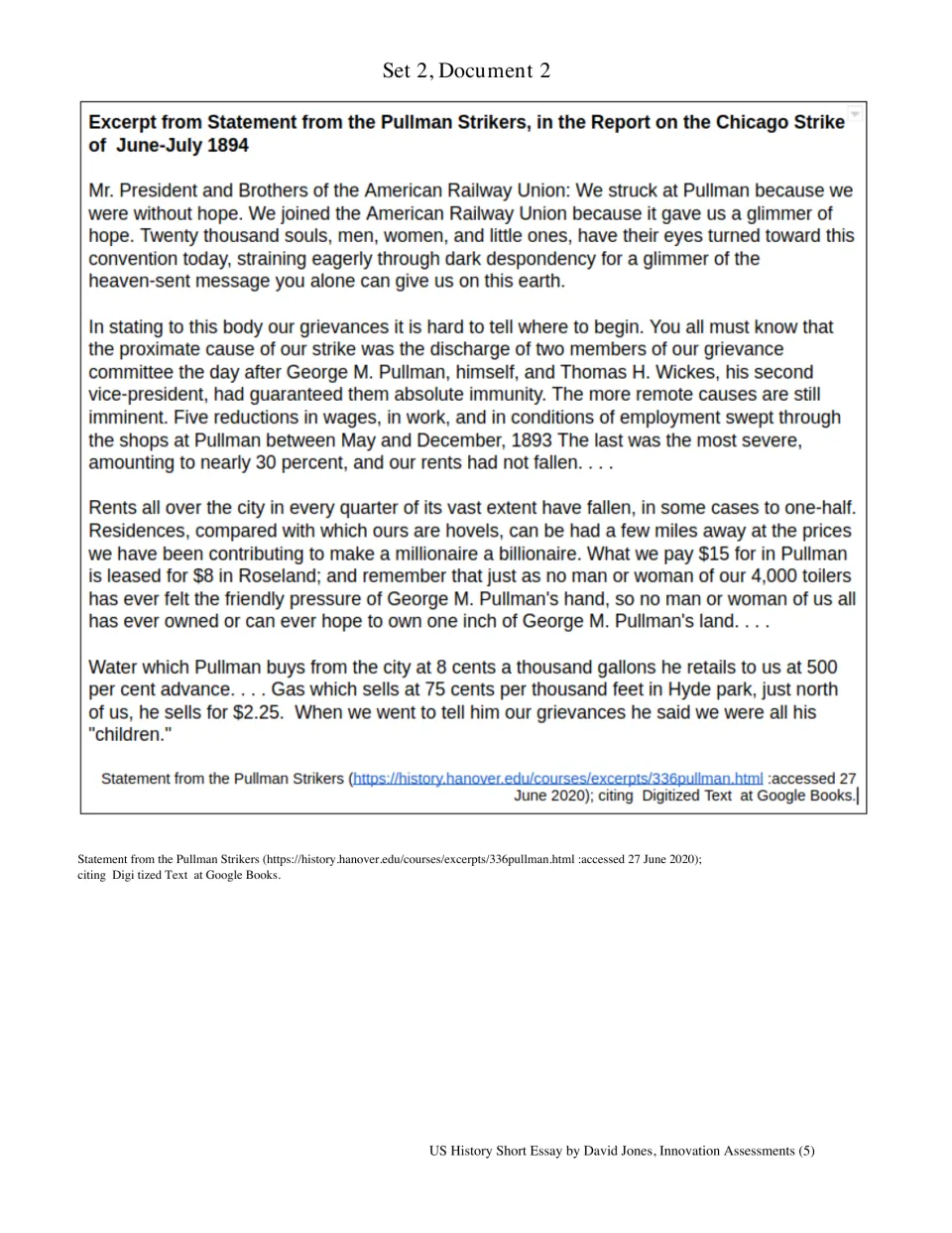 Set 2, Document 2: Pullman strikers' 1894 statement to the American Railway Union on wage cuts, high rents and utilities