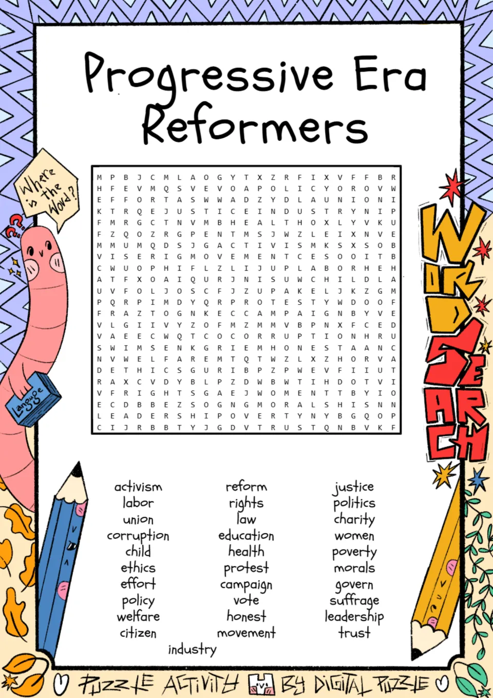 Progressive Era reform vocabulary: students find 31 hidden words such as suffrage, labor, union, corruption and welfare