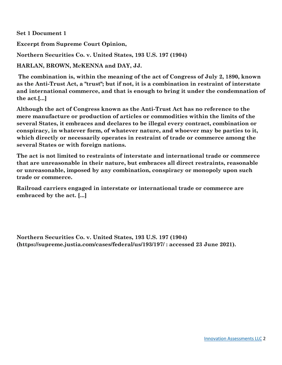 Northern Securities Co. v. United States (1904) excerpt on the Anti-Trust Act for students to read and analyze