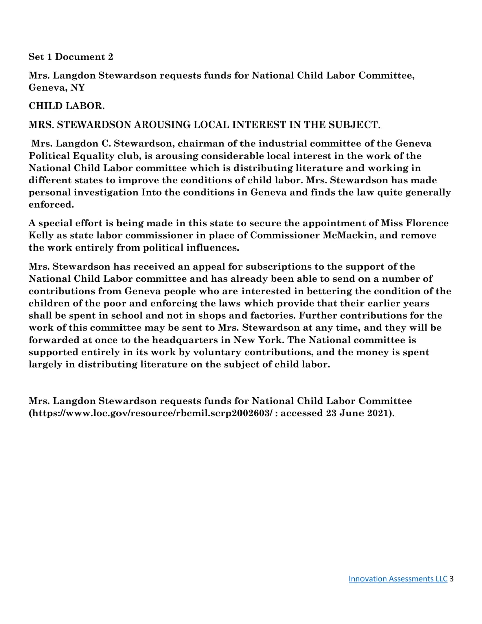 Child labor news article on Mrs. Stewardson raising funds for the National Child Labor Committee in Geneva, NY